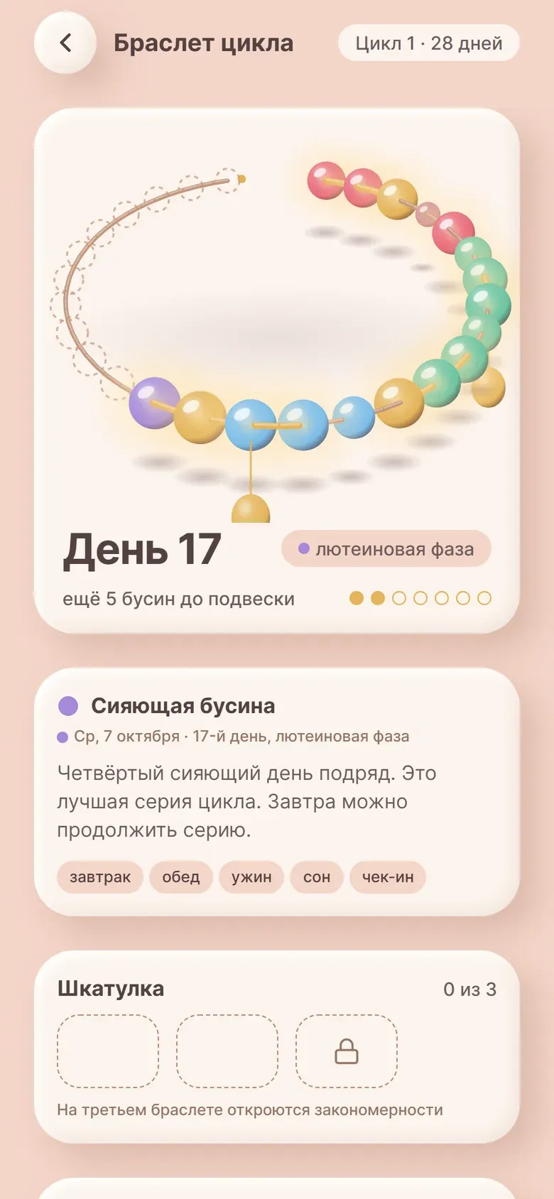 Браслет цикла: 17 бусин с подвеской и сияющая бусина дня