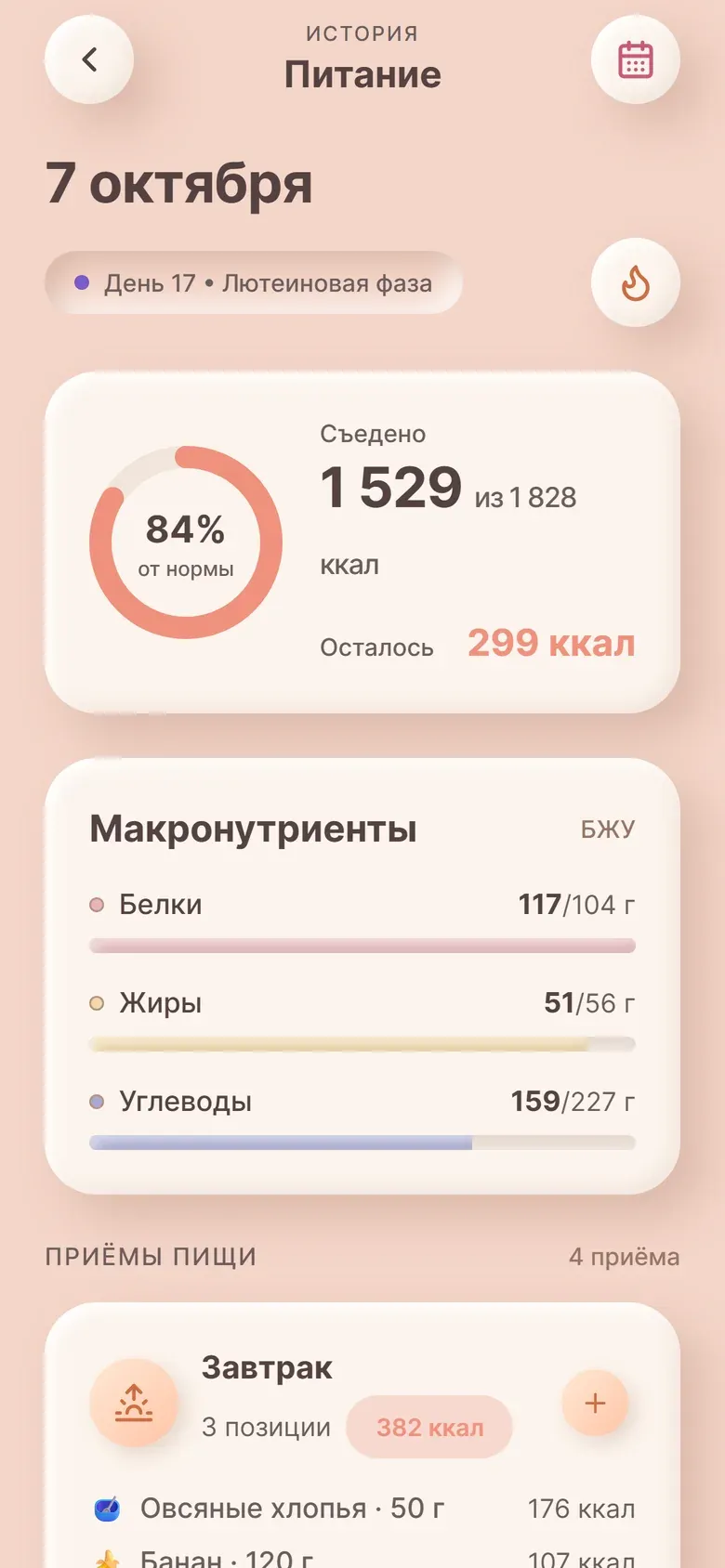 История питания за день: процент от нормы и макронутриенты